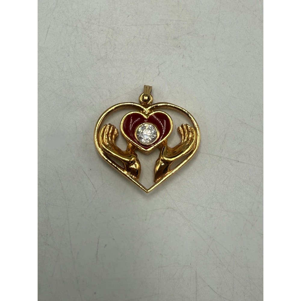 Vintage Gold Tone Heart Hands Pendant Red Enamel Crystal Charm